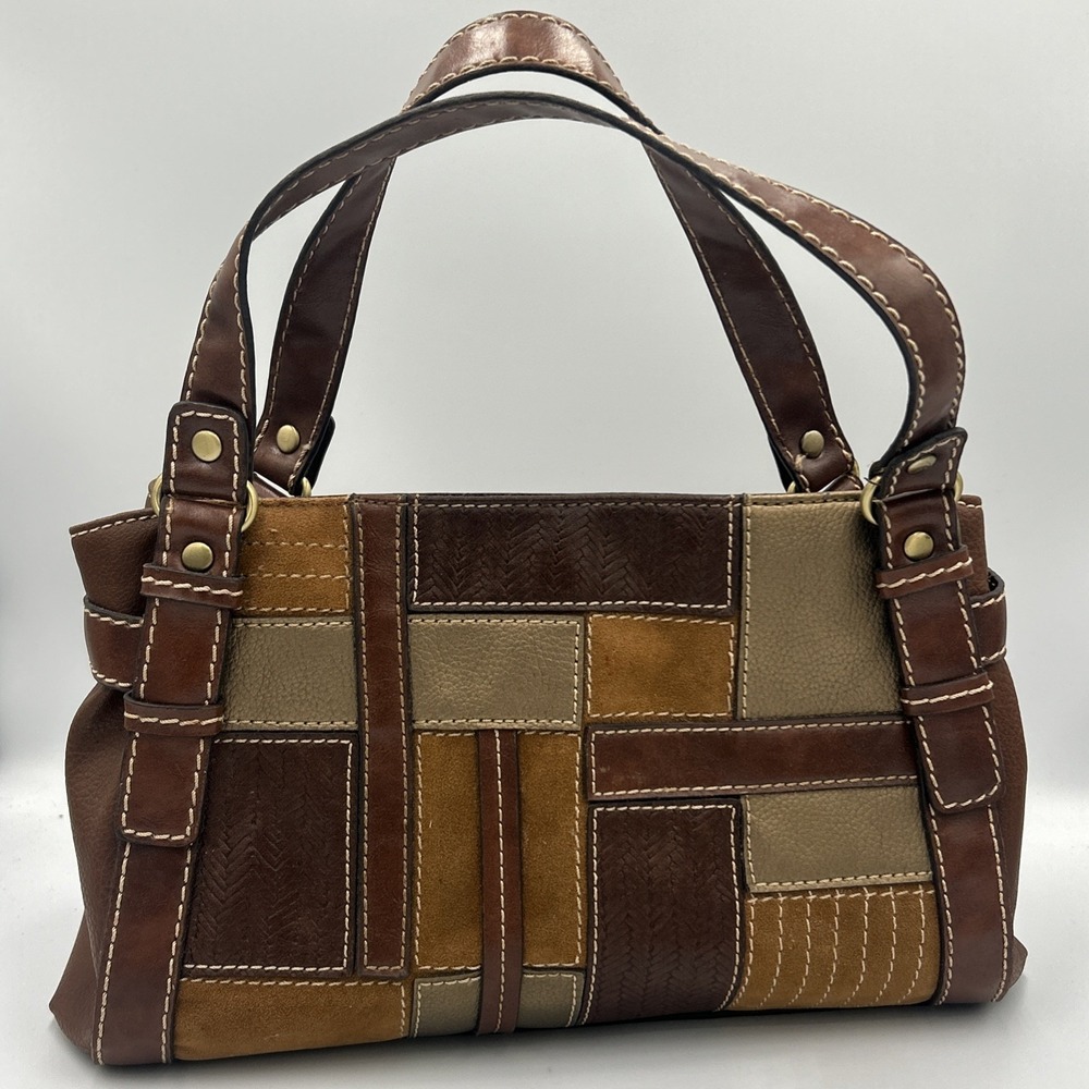 Vtg Y2K Relic Brown Faux Leather Patchwork Tote Hand Bag Purse Boho Colorblock